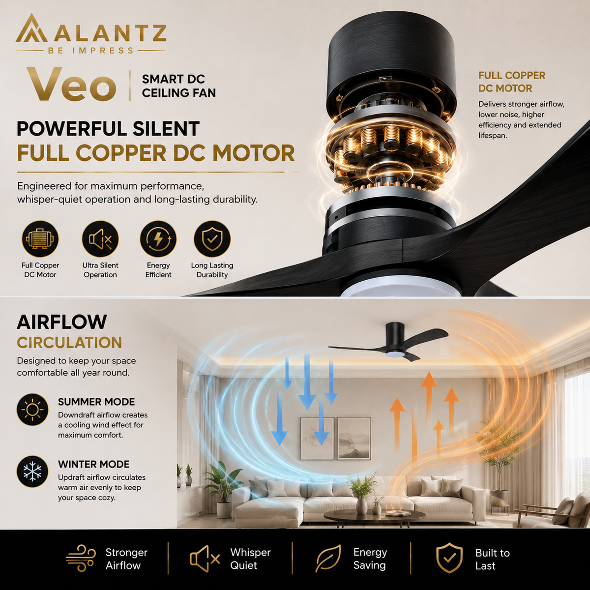 ALANTZ Veo Ceiling Fan with Light 46/56 Inch | DC Motor | 24W Tri Colour LED