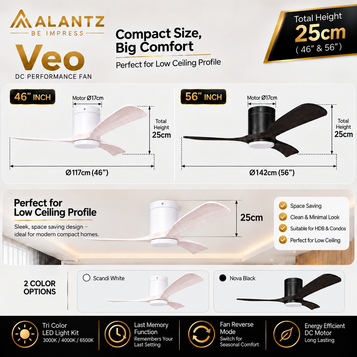 ALANTZ Veo Ceiling Fan with Light 46/56 Inch | DC Motor | 24W Tri Colour LED