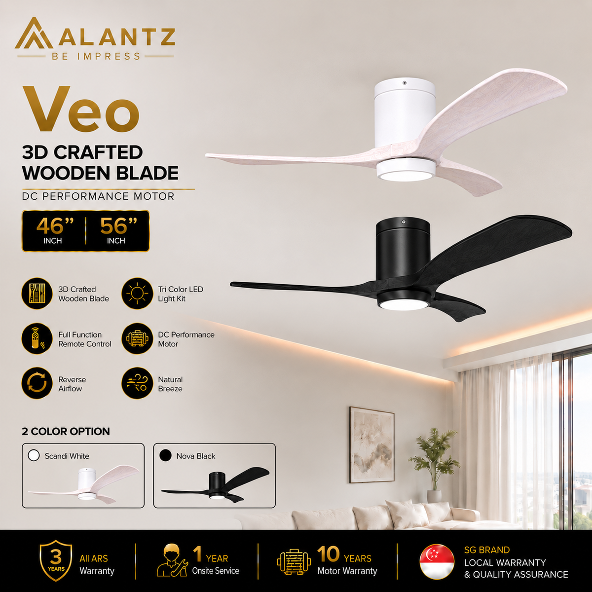 ALANTZ Veo Ceiling Fan with Light 46/56 Inch | DC Motor | 24W Tri Colour LED