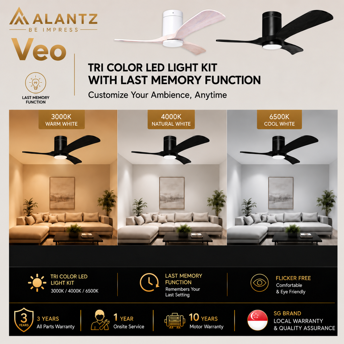 ALANTZ Veo Ceiling Fan with Light 46/56 Inch | DC Motor | 24W Tri Colour LED
