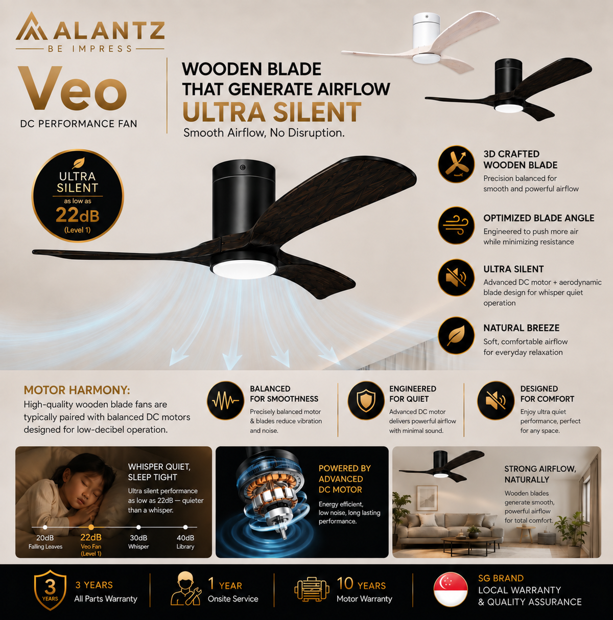 ALANTZ Veo Ceiling Fan with Light 46/56 Inch | DC Motor | 24W Tri Colour LED
