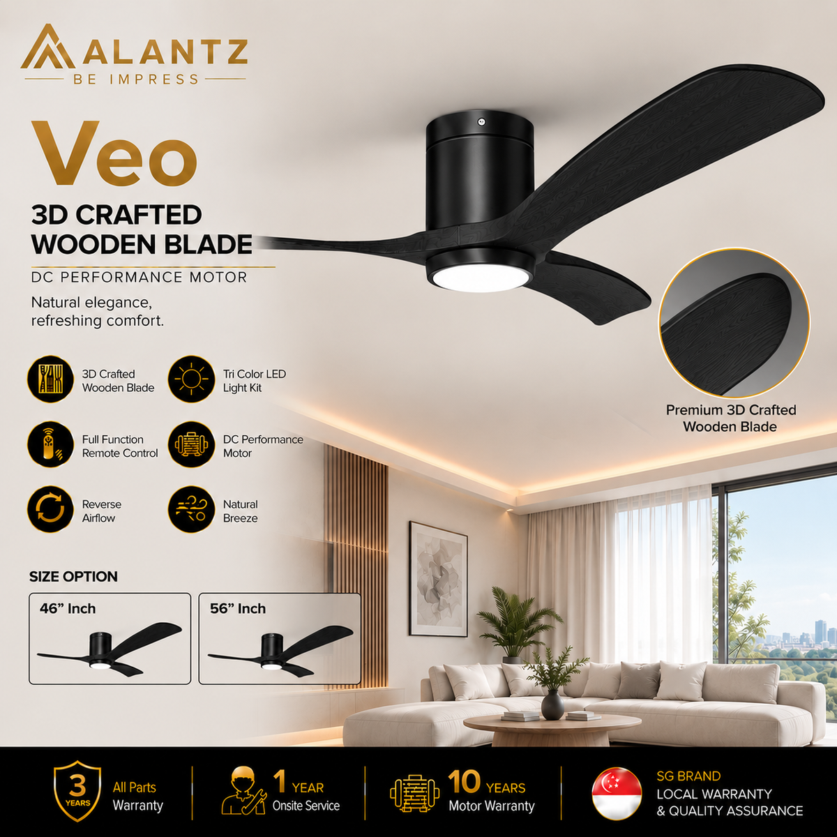 ALANTZ Veo Ceiling Fan with Light 46/56 Inch | DC Motor | 24W Tri Colour LED