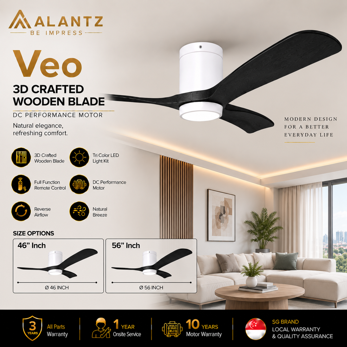 ALANTZ Veo Ceiling Fan with Light 46/56 Inch | DC Motor | 24W Tri Colour LED