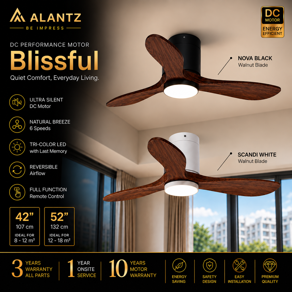 (FREE INSTALLATION BY AGENT) ALANTZ Blissful Ceiling Fan with Light 42” 52” | DC Motor | 24W Tri Colour LED | Quiet Fan
