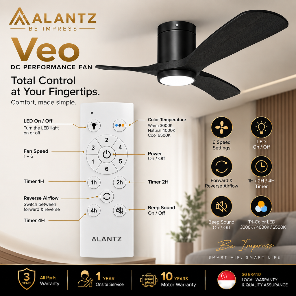 ALANTZ Veo Ceiling Fan with Light 46/56 Inch | DC Motor | 24W Tri Colour LED