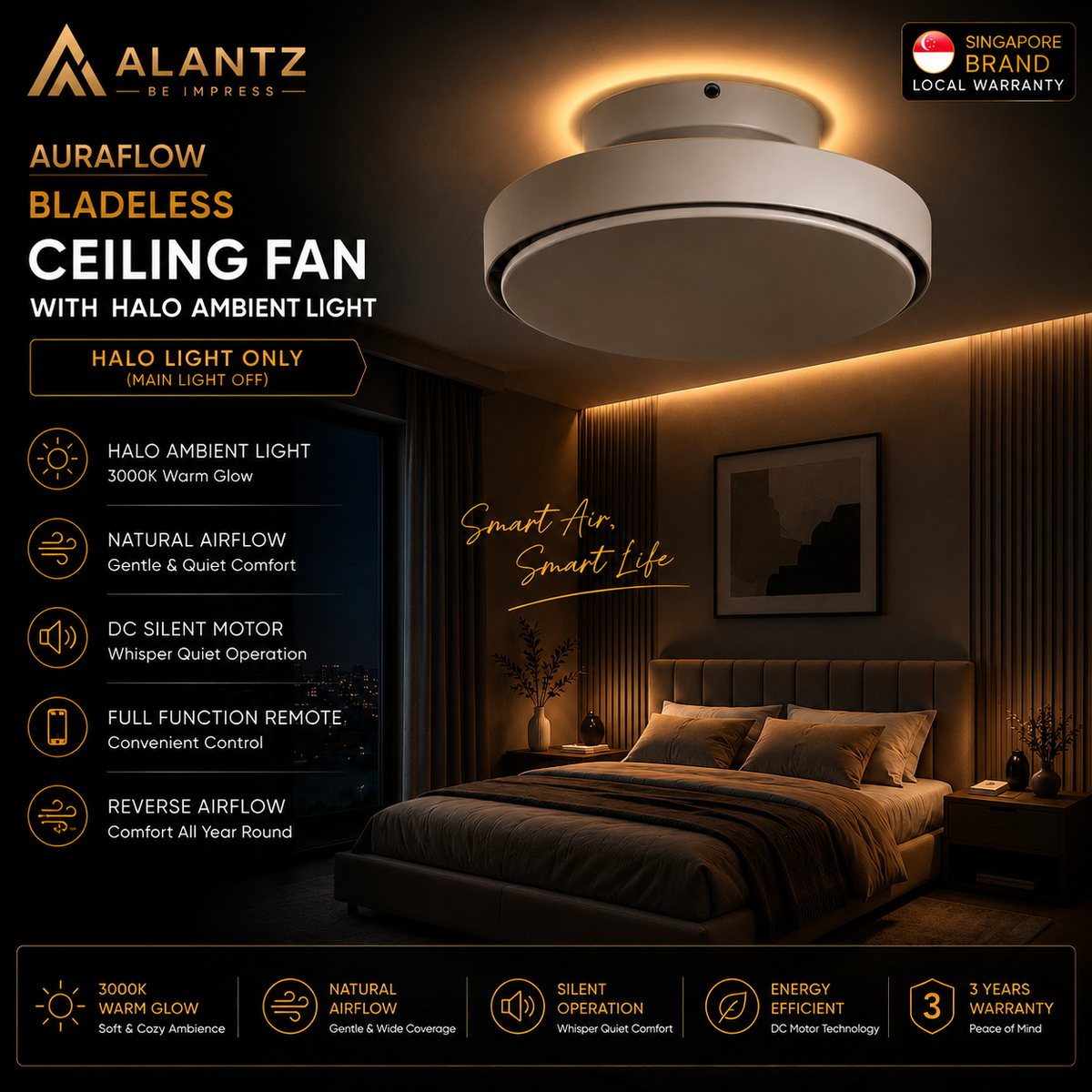 ALANTZ Aura-Flow Bladeless Ceiling Fan with Ambient LED