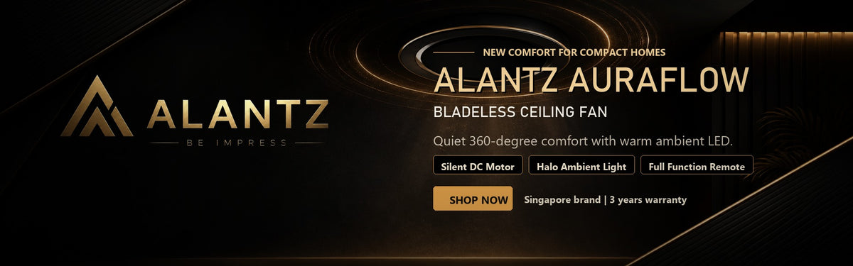ALANTZ Aura-Flow bladeless ceiling fan with warm halo ambient LED lighting, quiet DC motor and full-function remote for compact Singapore homes.